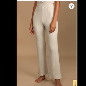 Lulus Beige Ribbed Knit Wide-Leg Lounge Pants
